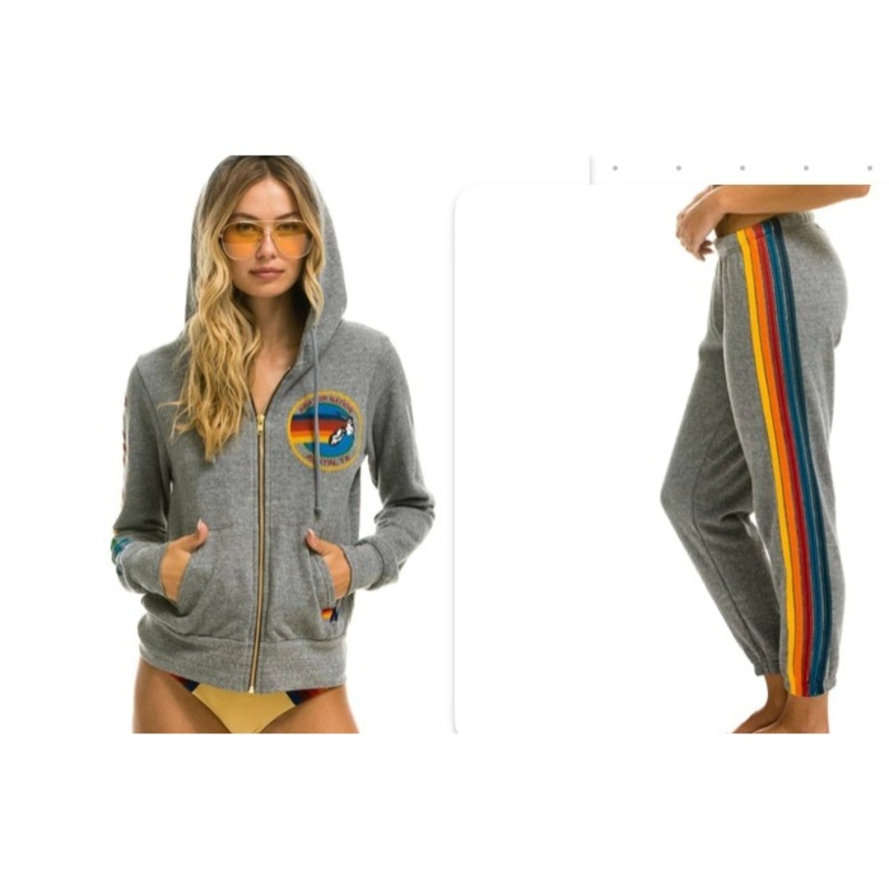 Aviator Nation Gray Zip Hoodie and sweatpants with Rainbow Stripe Details